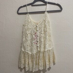 Cream Crochet Lace Peplum Camisole Tank Top Boho Spaghetti Strap Size 10